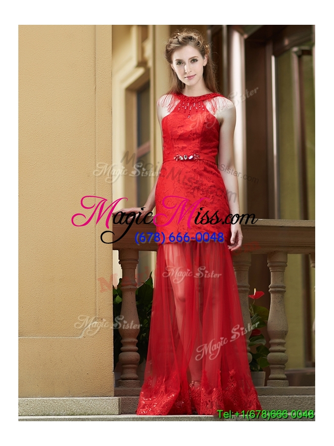 wholesale cheap belted red long bridesmaid dress in tulle and lace