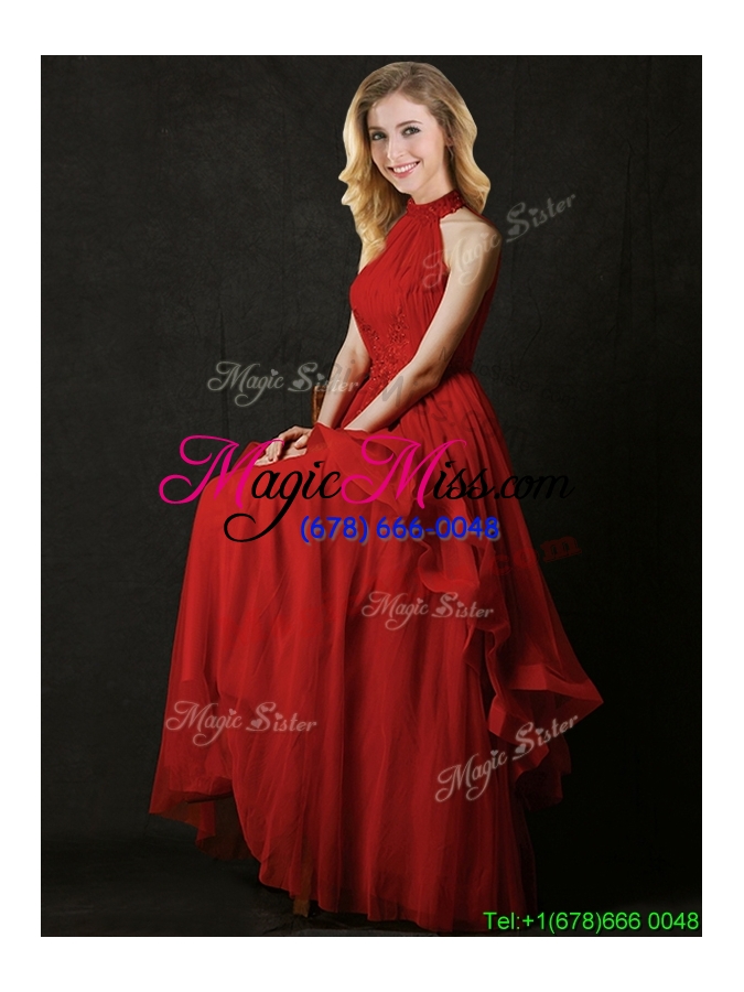 wholesale modest a line halter top tulle bridesmaid dress with appliques