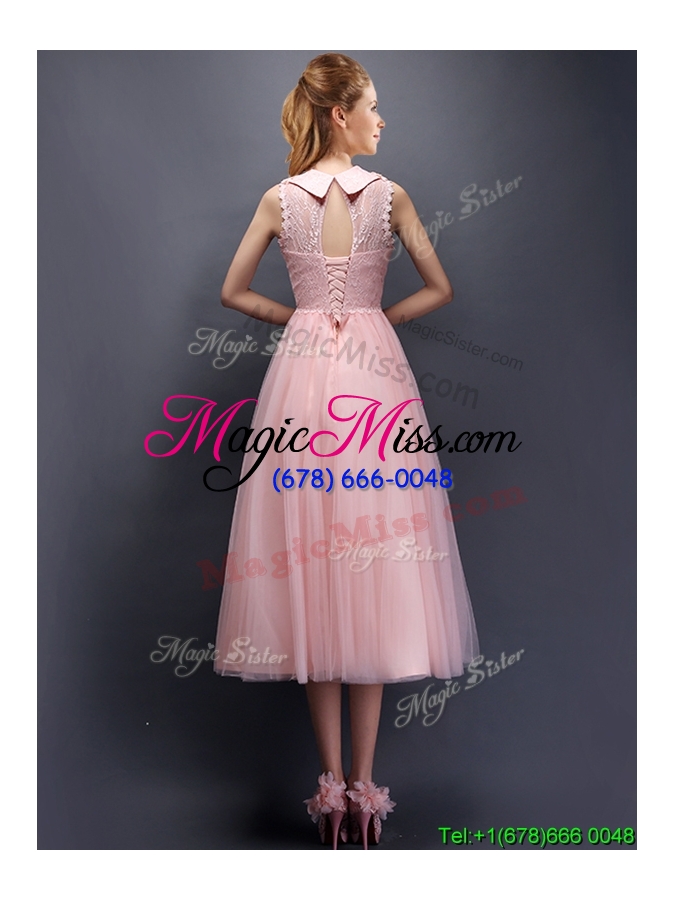 wholesale discount hand made flowers and laced high neck prom dress in baby pink