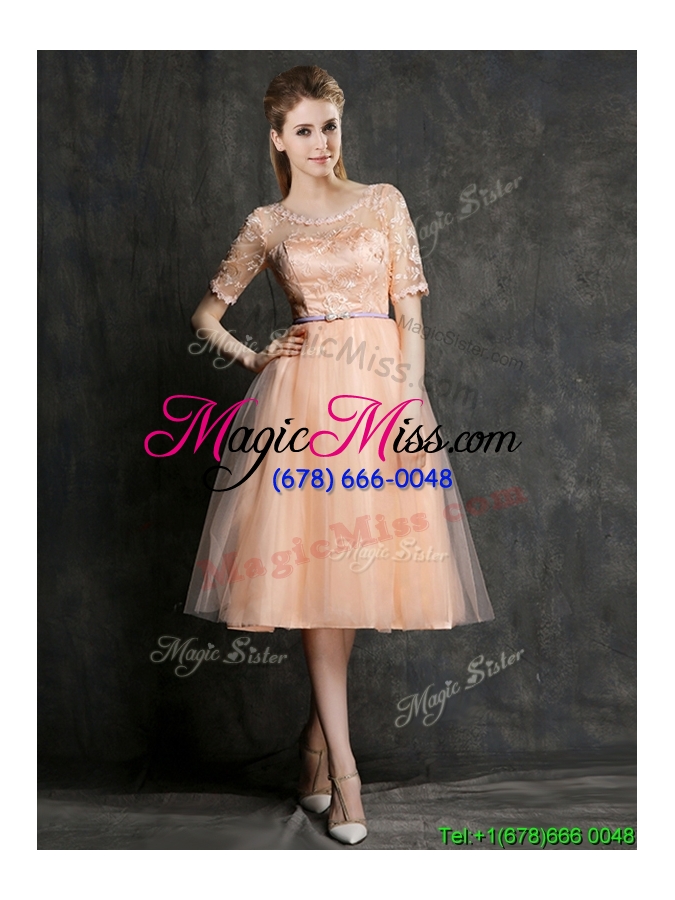 wholesale new scoop half sleeves prom dress with sashes and lace