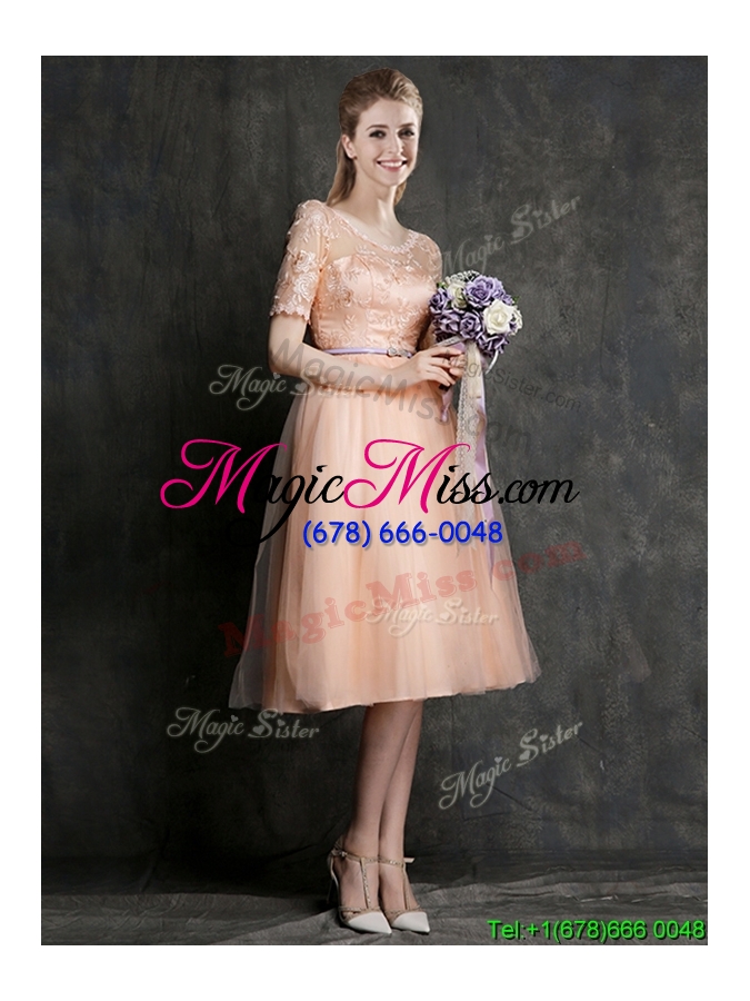 wholesale new scoop half sleeves prom dress with sashes and lace