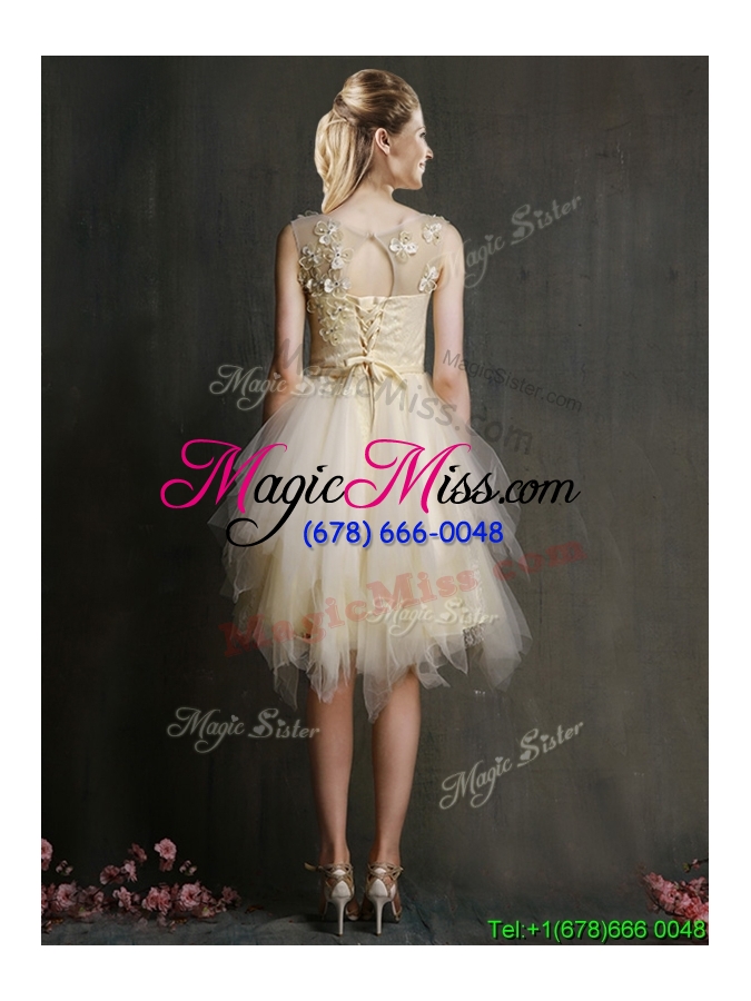 wholesale see through scoop champagne prom dress with appliques and belt
