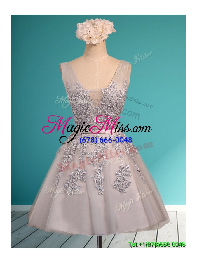 wholesale see through deep v neckline prom dress with appliques and belt