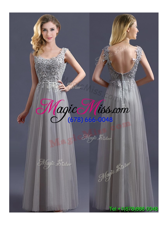 wholesale most popular scoop grey long prom dress with appliques