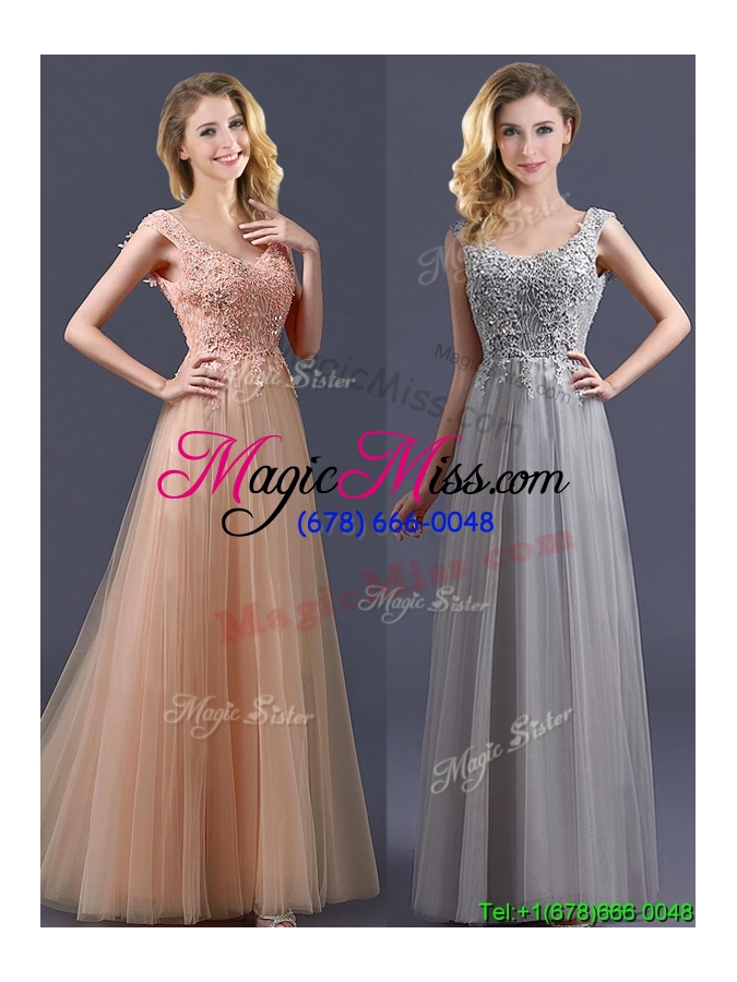 wholesale most popular scoop grey long prom dress with appliques