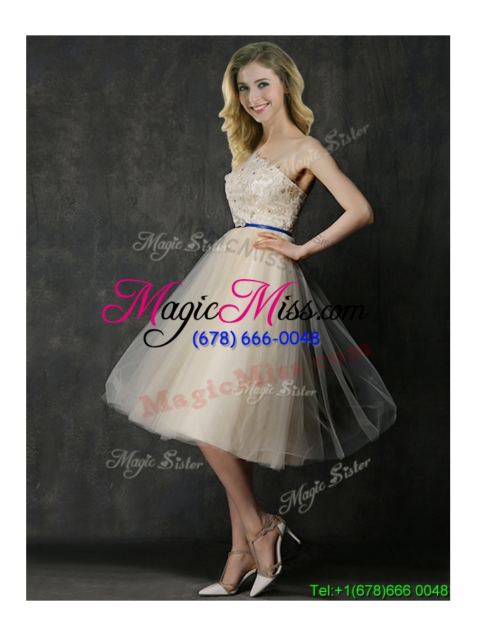 wholesale elegant one shoulder sashes and appliques prom dress in champagne