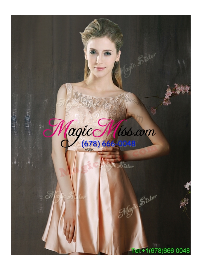 wholesale best selling laced and belted short prom dress in peach