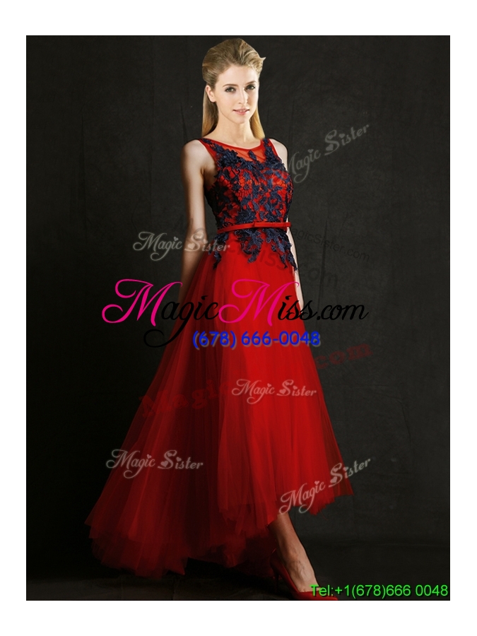wholesale perfect high low belted and black applique prom dress in red