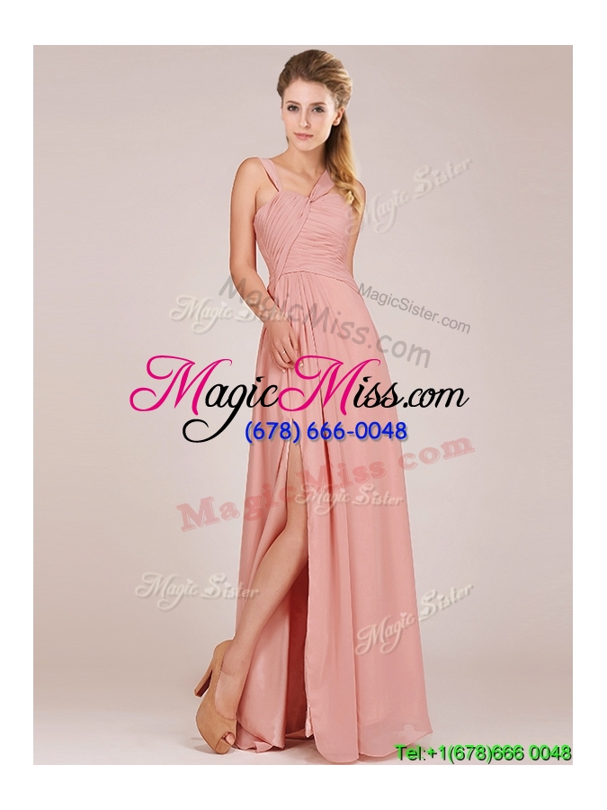wholesale best selling chiffon peach long prom dress with ruching