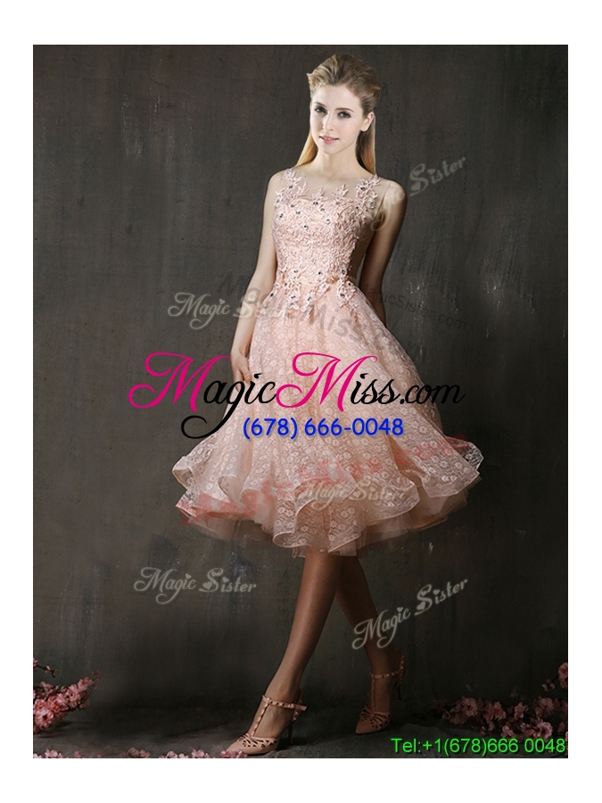 wholesale see through beaded and applique peach prom dress with polka dot