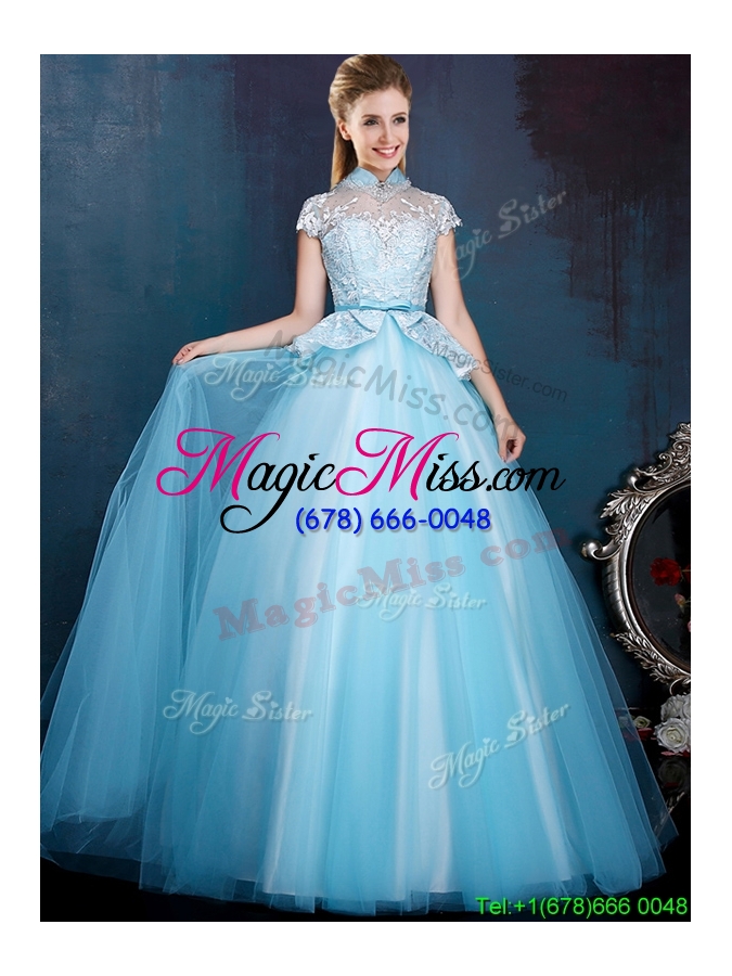 wholesale elegant high neck cap sleeves dama dress with bowknot and lace