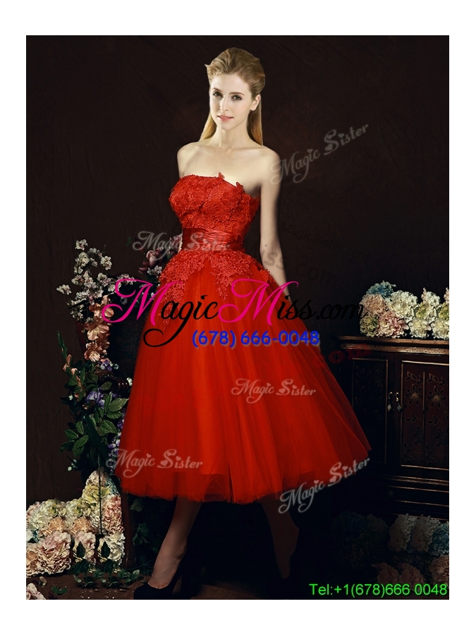 wholesale perfect puffy skirt strapless applique tea length red dama dress