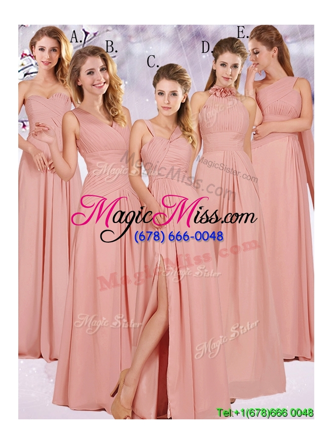 wholesale modest ruched decorated bodice peach dama dress with v neck