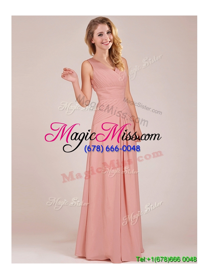 wholesale modest ruched decorated bodice peach dama dress with v neck