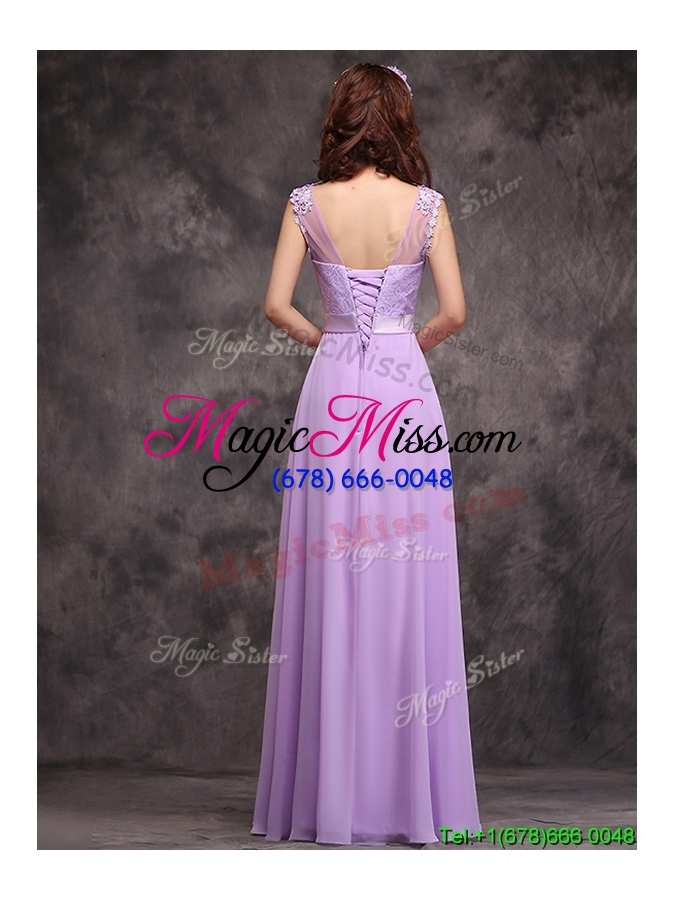 wholesale popular see through applique and laced dama dress in lavender