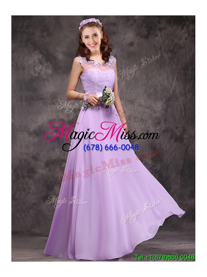 wholesale popular see through applique and laced dama dress in lavender