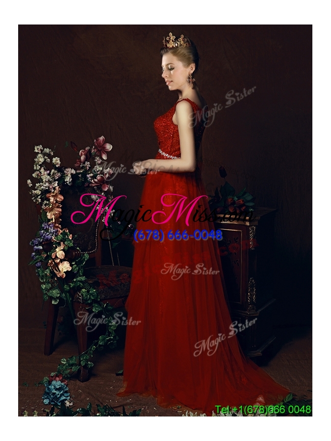 wholesale popular belted empire scoop red dama dress with brush train