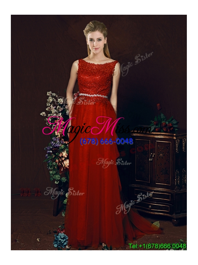 wholesale popular belted empire scoop red dama dress with brush train
