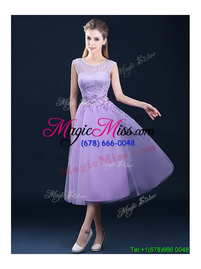 wholesale beautiful see through laced and applique dama dress in tea length