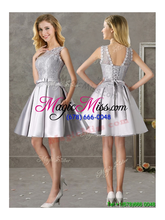 wholesale classical laced and bowknot scoop bridesmaid dress in silver