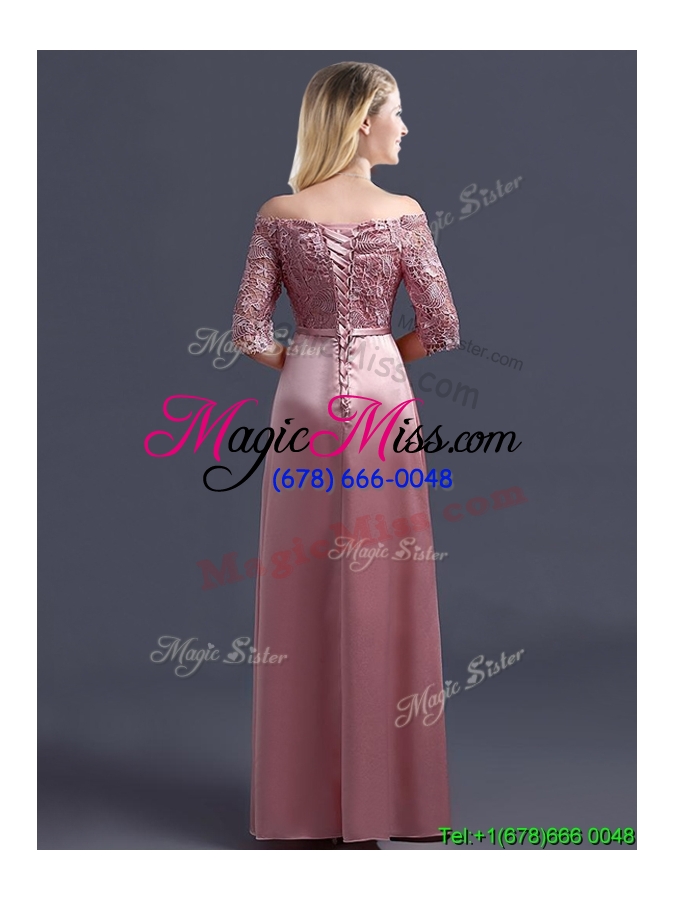 wholesale sweet off the shoulder half sleeves bridesmaid dress with lace and belt