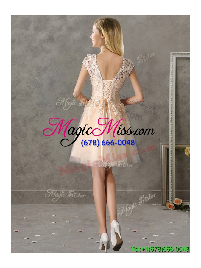 wholesale classical bateau cap sleeves lace bridesmaid dress in champagne