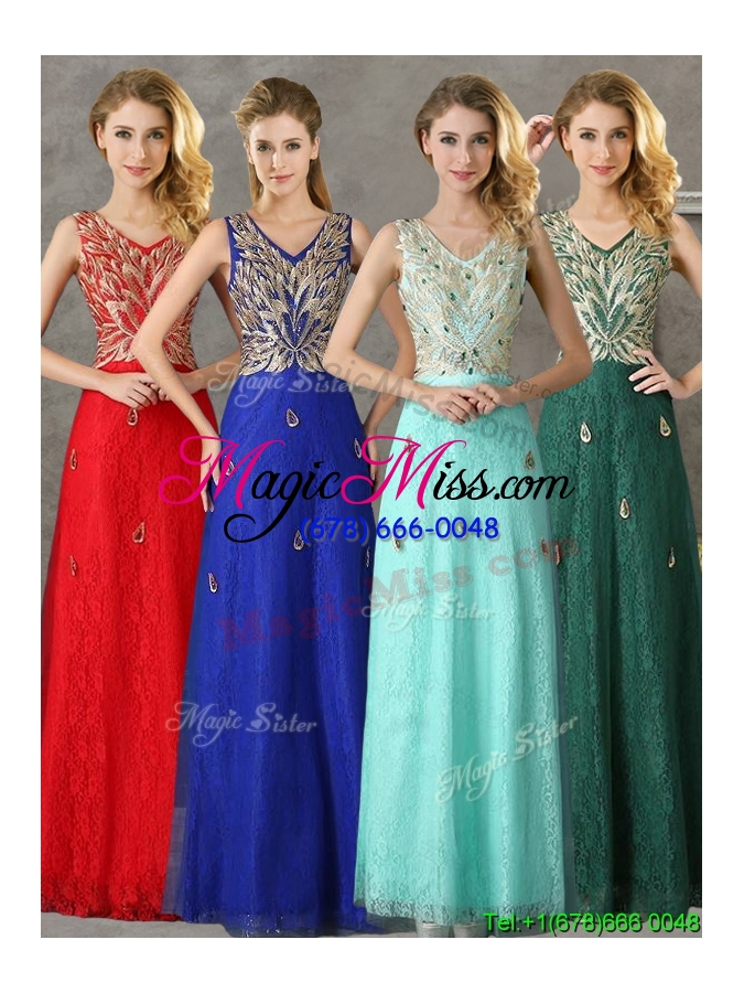 wholesale gorgeous v neck appliques and beading bridesmaid dress in royal blue
