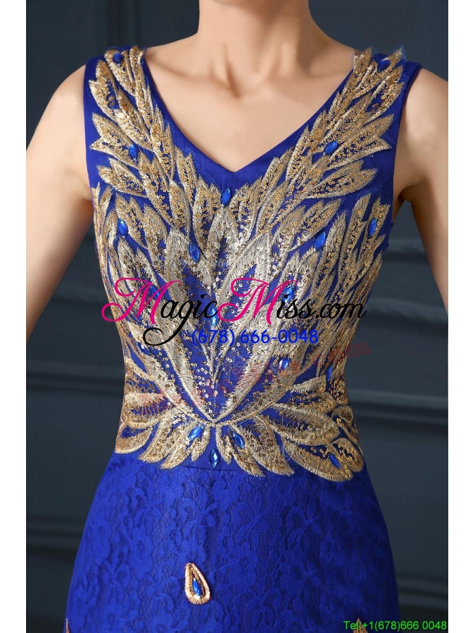wholesale gorgeous v neck appliques and beading bridesmaid dress in royal blue