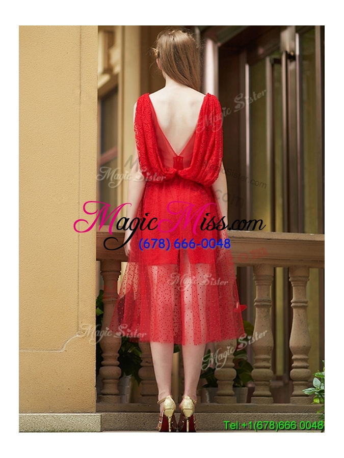 wholesale exclusive bateau lace tea length bridesmaid dress in red