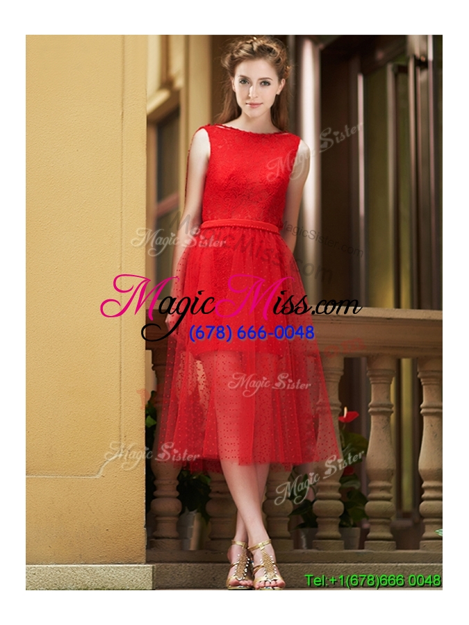 wholesale exclusive bateau lace tea length bridesmaid dress in red