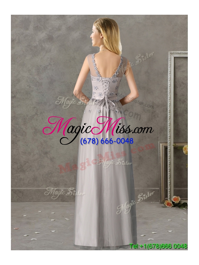 wholesale cheap see through scoop grey long bridesmaid dress with appliques