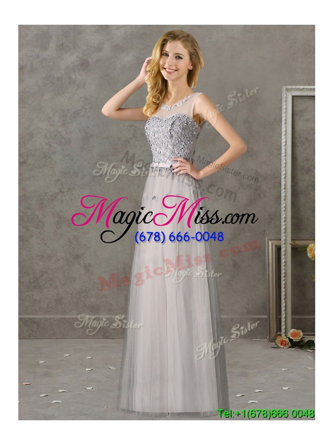 wholesale cheap see through scoop grey long bridesmaid dress with appliques