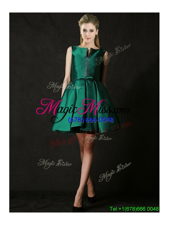 wholesale classical a line green short bridesmaid dress with beading and belt