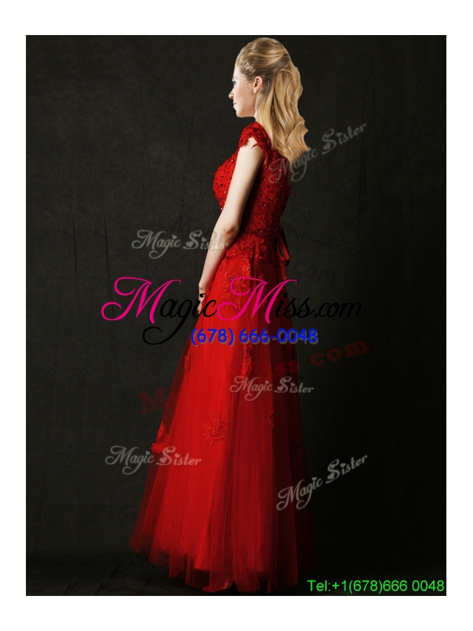 wholesale elegant empire applique red bridesmaid dress with cap sleeves
