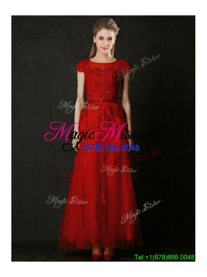 wholesale elegant empire applique red bridesmaid dress with cap sleeves
