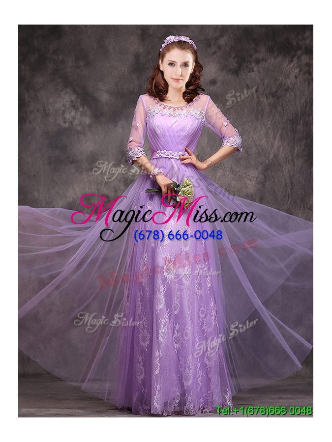 wholesale popular half sleeves lavender bridesmaid dress with appliques and beading