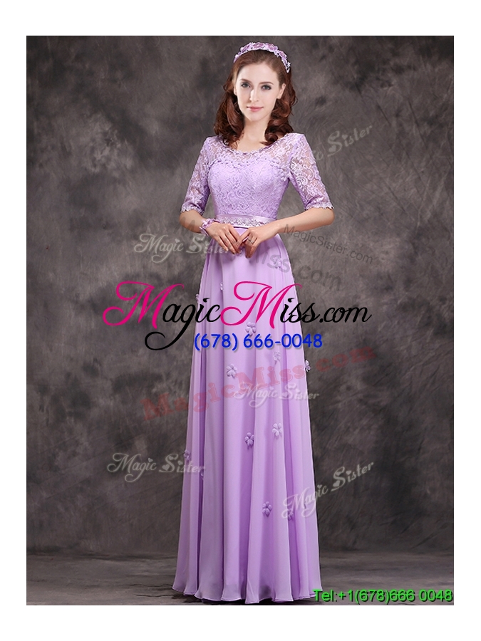 wholesale exclusive scoop half sleeves lavender bridesmaid dress with appliques and lace