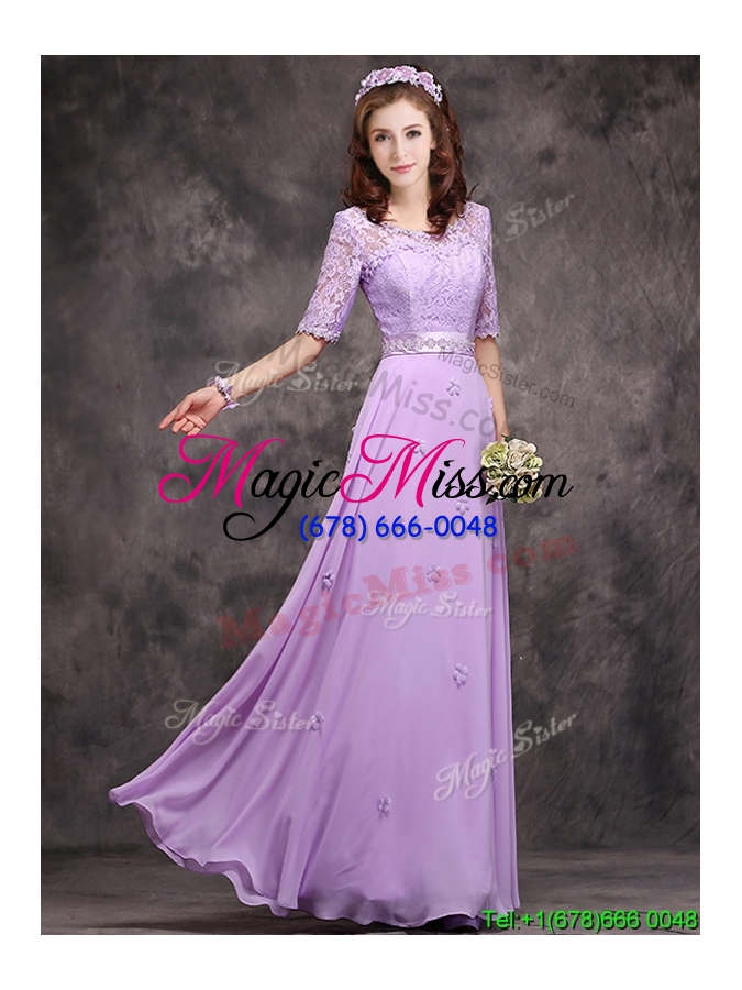 wholesale exclusive scoop half sleeves lavender bridesmaid dress with appliques and lace
