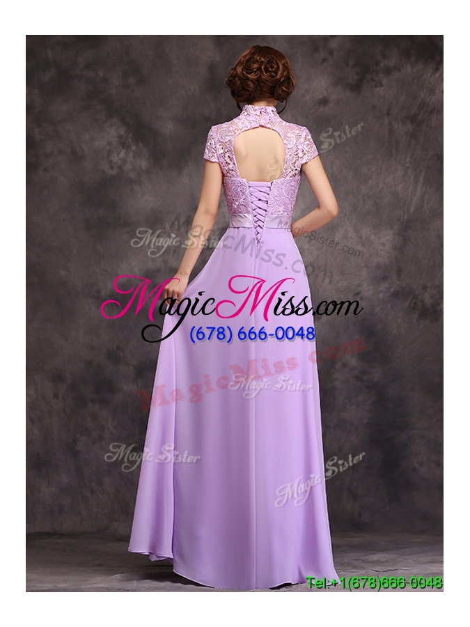 wholesale low price high neck cap sleeves lavender long bridesmaid dress