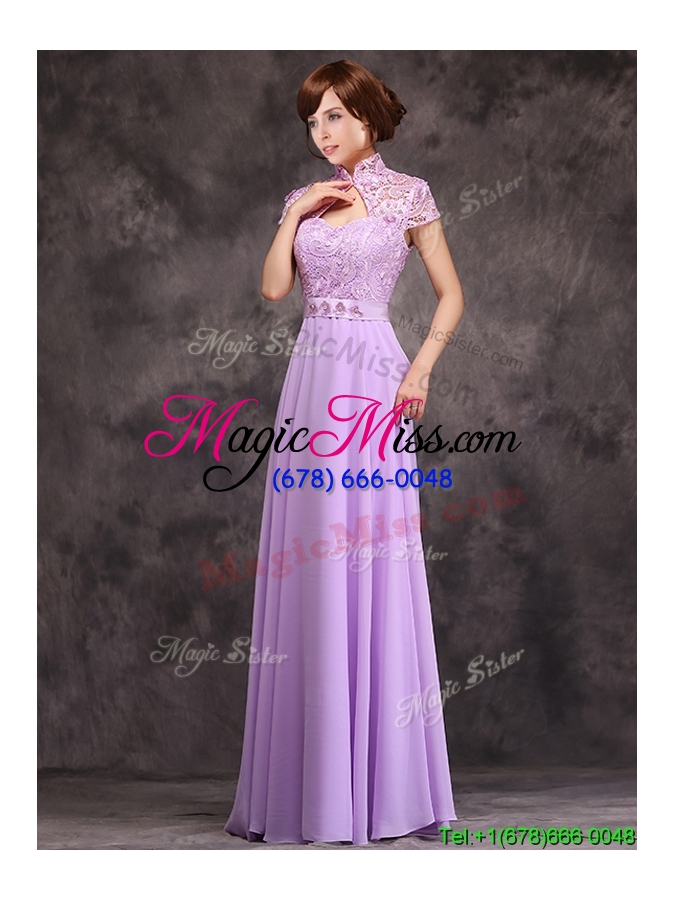 wholesale low price high neck cap sleeves lavender long bridesmaid dress