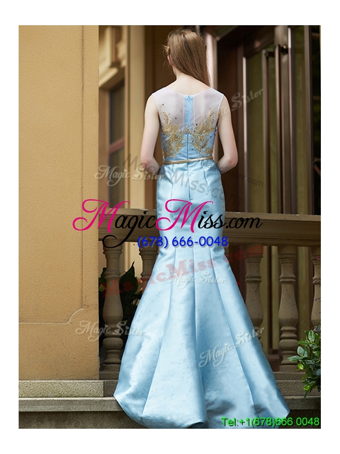 wholesale modest mermaid applique brush train bridesmaid dress in light blue
