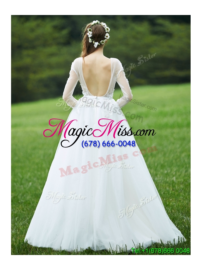 wholesale pretty applique white backless bridesmaid dress with long sleeves