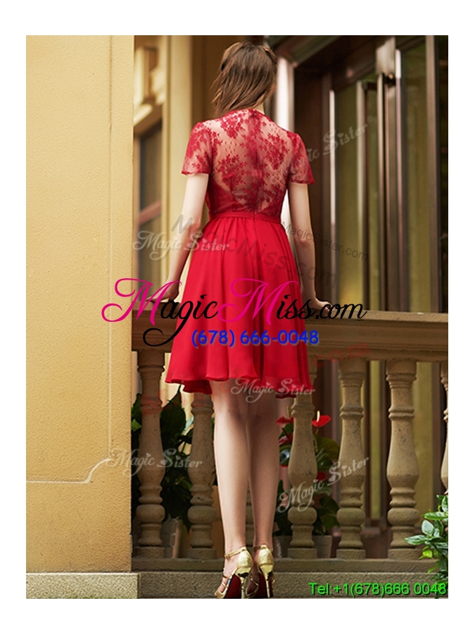 wholesale elegant see through back red short bridesmaid dress with short sleeves