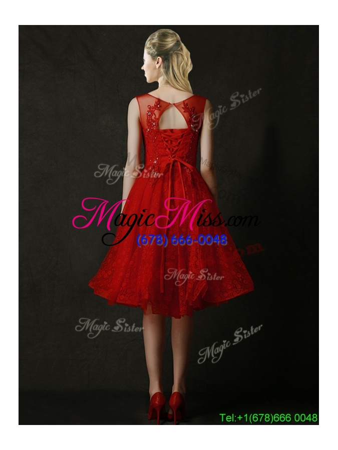 wholesale modest knee length red bridesmaid dress with beading and appliques