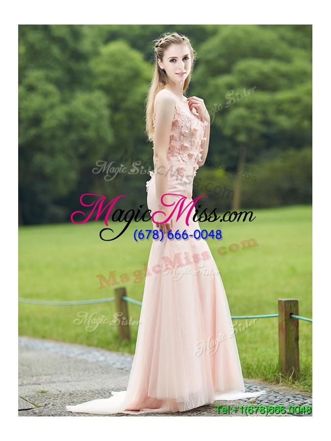 wholesale luxurious see through light pink mermaid bridesmaid dress with brush train