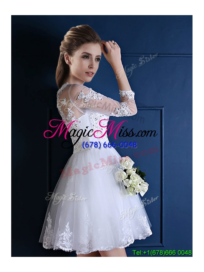 wholesale new see through scoop three fourth length sleeves short bridesmaid dress in white