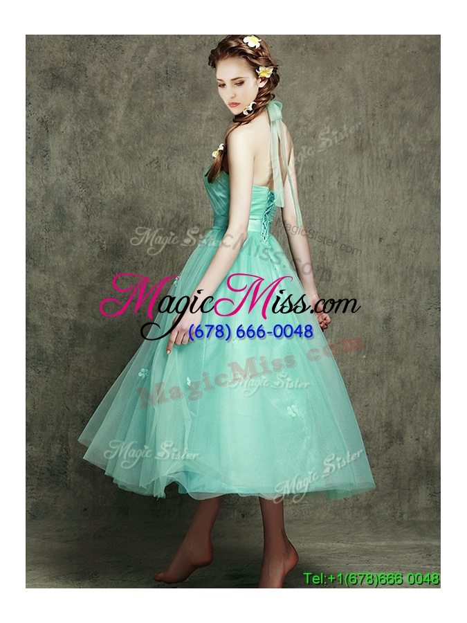 wholesale discount halter top bridesmaid dress with appliques and hand made flowers