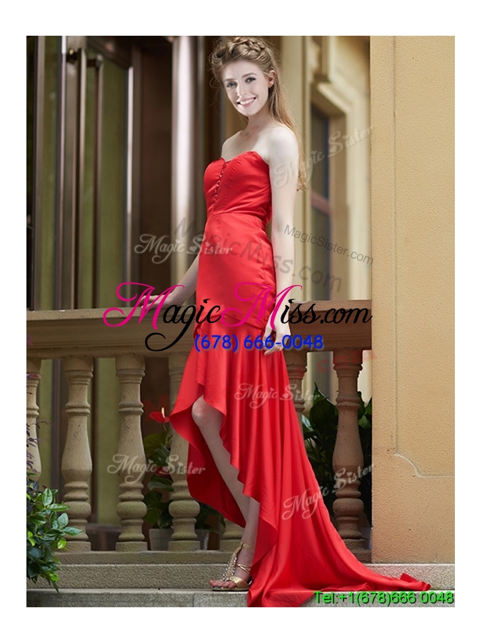 wholesale cheap column high low red bridesmaid dress with brush train
