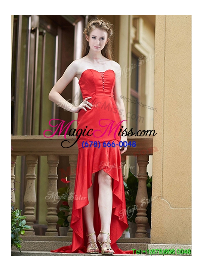 wholesale cheap column high low red bridesmaid dress with brush train
