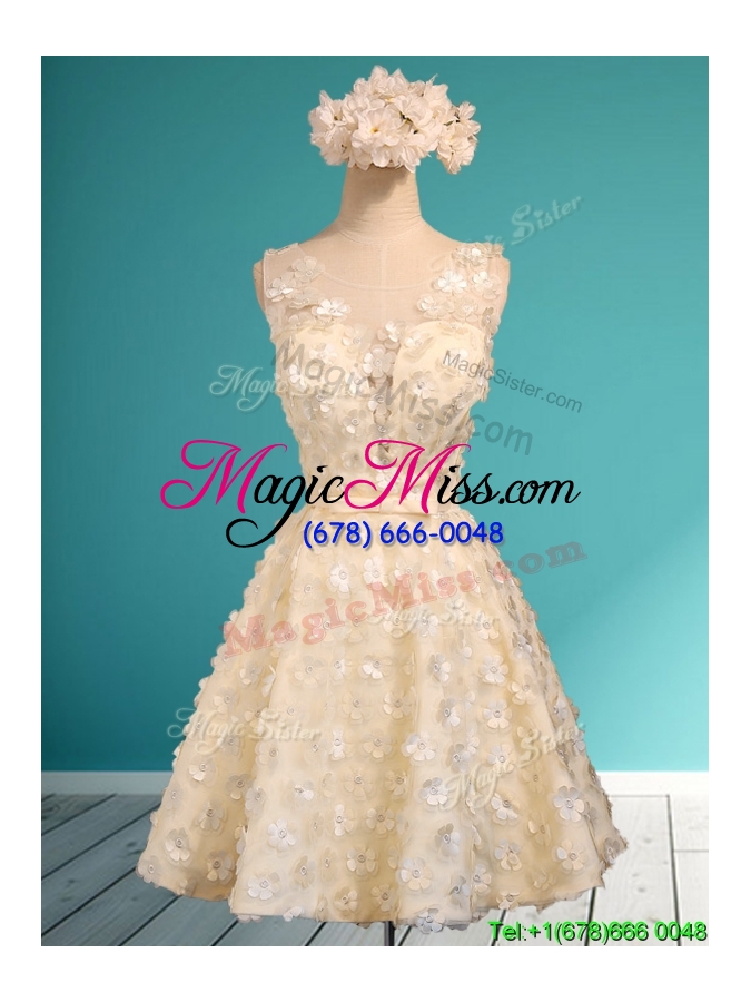 wholesale best scoop champagne short bridesmaid dress with appliques and belt